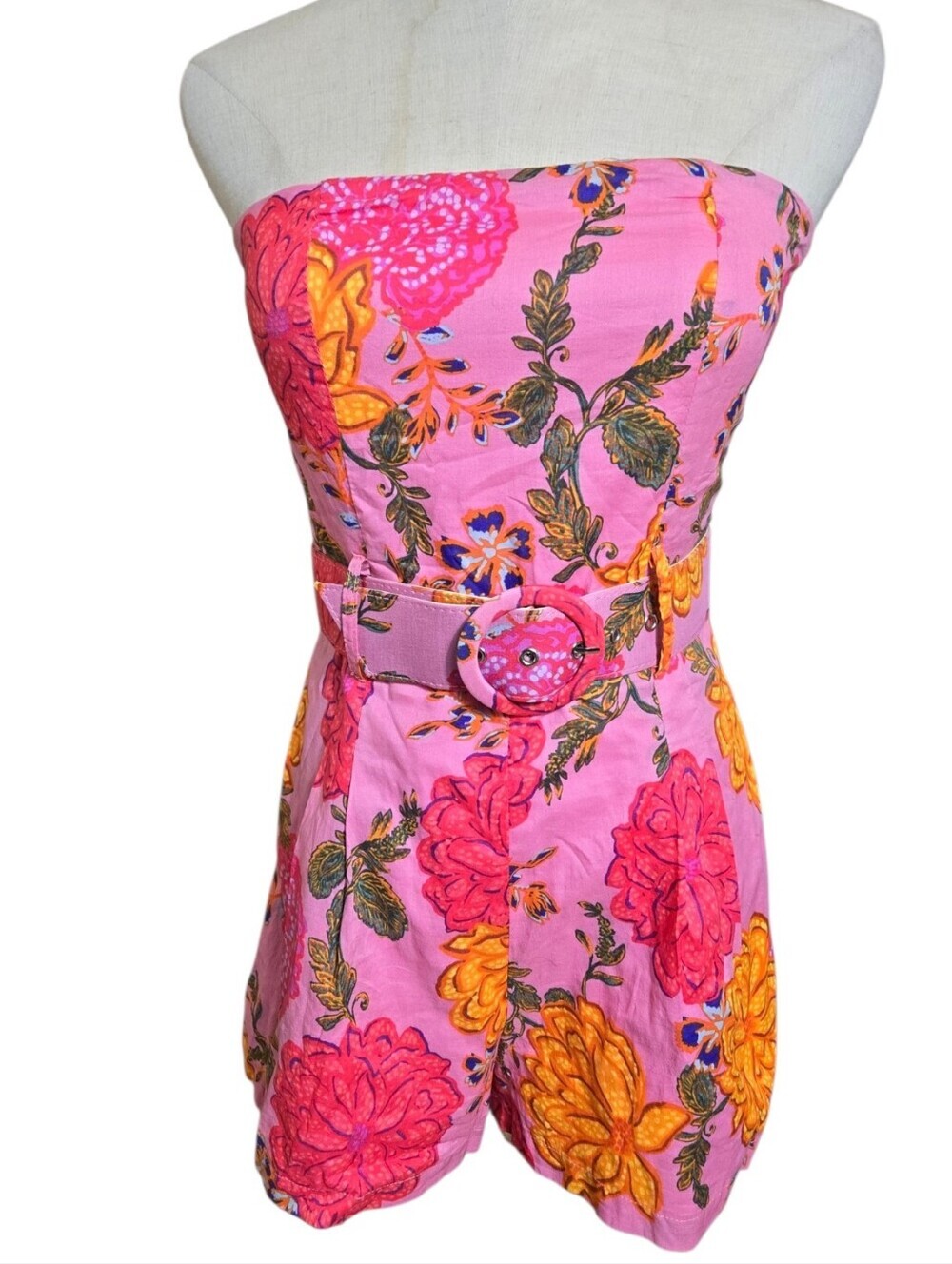 Olivaceous Strapless Pink Floral Belted Romper